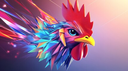 Colorful rooster head design with abstract elements.