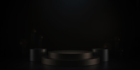 Obraz premium A dimly lit three tiered platform in a dark room with faint light reflecting on its surface