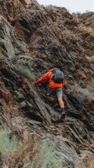 Hiker climbing steep rocky mountainside on cloudy day
