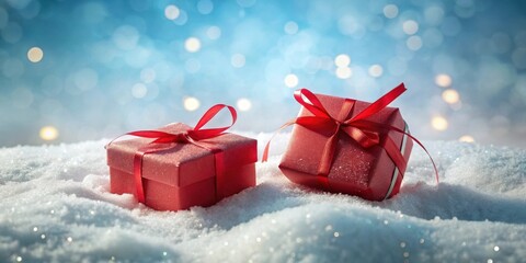 Festive red presents nestled in a glistening winter wonderland, embodying the spirit of joyful giving and the magic of a snowy season.