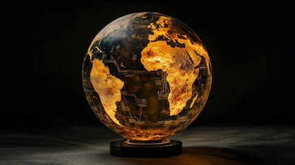 Illuminated globe on dark background, showing continents and illuminated countries.
