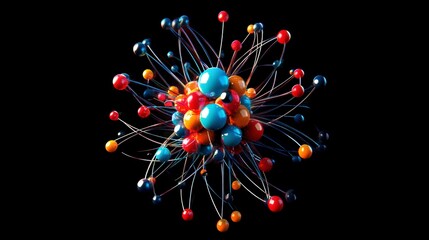 Abstract colorful spheres and lines forming a complex network structure against a black background.