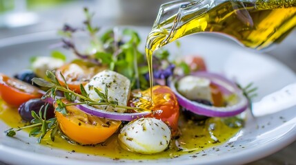 Chef pouring olive oil on fresh vegetarian salad with tomatoes, mozzarella, and herbs