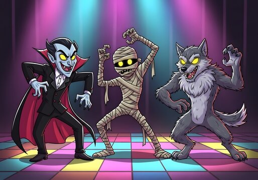 Cartoon Halloween monsters dancing at a retro disco party