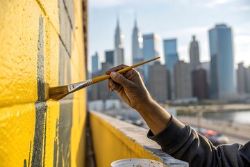 Hand painting yellow wall with black lines urban skyline paintbrush