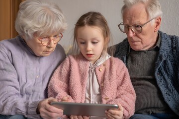 Grandparents and granddaughter using tablet at home
