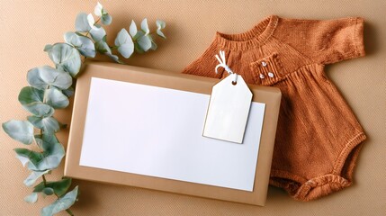 Baby clothes, gift box and eucalyptus leaves on beige background