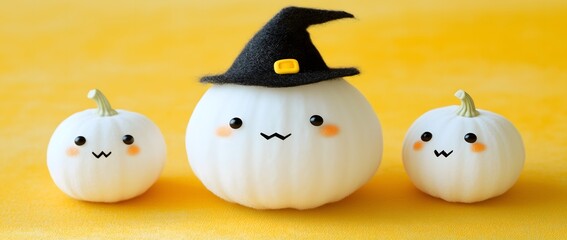 Three cute white pumpkins celebrating halloween with kawaii faces
