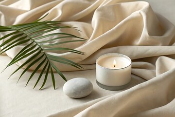 Minimalist still life with candle and palm leaf burning candle lit candle