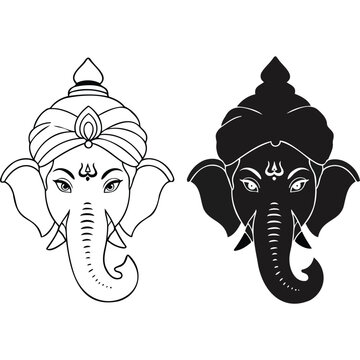 Illustration of ganesha head in black and white line art with traditional headdress and trunk details silhouette
