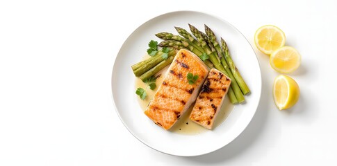 Healthy Grilled Salmon Fillet with Asparagus and Lemon on White Plate


