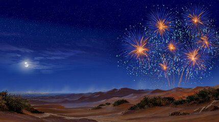 Colorful fireworks burst over peaceful sand dunes, lighting up the deep blue night sky. The partial moon adds a tranquil glow, enhancing the serene celebration in this isolated environment