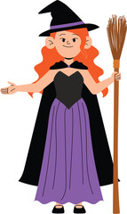 halloween witch with broom presenting hand cartoon character, horror spooky Dracula ghost, funny evil monster for halloween illustration