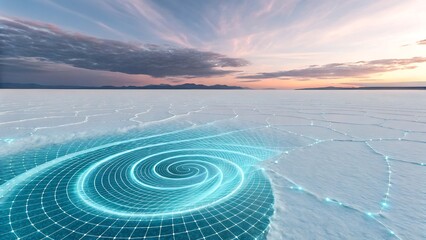 Futuristic Spiral Grid on Salt Flats at Sunset with Mountains in Background