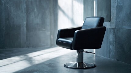 Sleek black chair positioned against textured concrete wall, dra