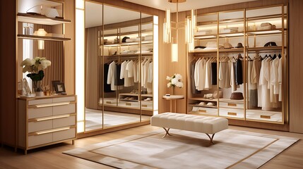 Elegant closet design featuring warm-toned birch wood, subtle gold accents, large frameless mirrors, accent pendant lighting, and a soft beige runner carpet, full frame,