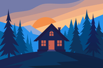 Cozy cabin nestled in a dark blue forest at sunset with warm light from the windows and mountains in the background