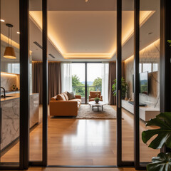 Obraz premium Modern living room with large windows, natural light, and elegant decor. Cozy furniture and stylish design create welcoming atmosphere