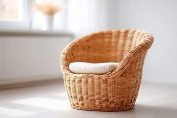 Fototapeta premium Cozy wicker chair with soft cushion, perfect for relaxation in s