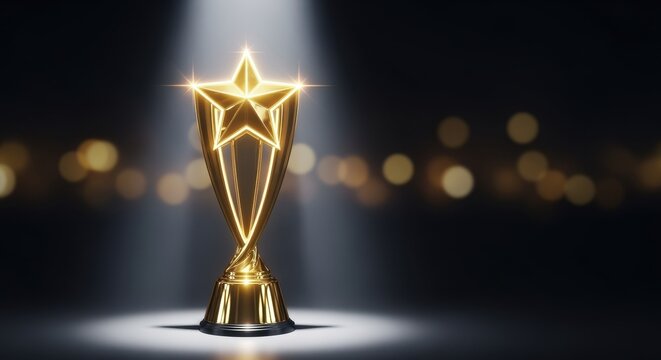 Golden Trophy of Triumph: An elegant golden trophy, bathed in a spotlight, symbolizes achievement and excellence, radiating a sense of prestige against a blurred bokeh backdrop.