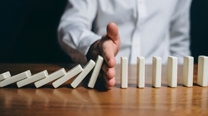 Business professional s hand stopping a line of falling dominoes symbolizing risk management crisis intervention and preventing a chain reaction of negative events