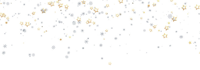 Festive background with gold and silver stars and snowflakes. Perfect for holidays.