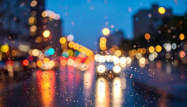 Raindrops and Bokeh: A Colorful Cityscape Viewed Through a Wet Window at Night.