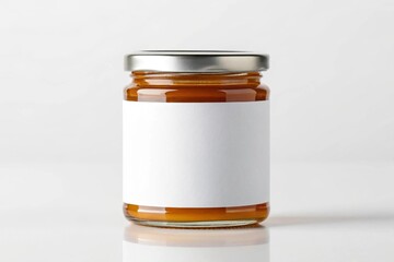 Glass jar mockup for jam or honey with blank white label on white background, minimal and realistic product display
