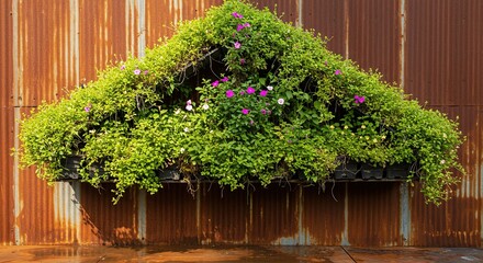 Fototapeta premium Lush Greenery Cascades Over Rusted Corrugated Metal Wall with Delicate Pink and White Flowers