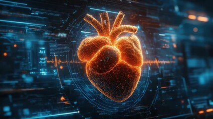 A digital representation of a human heart in a high-tech interface setting, symbolizing advanced medical technology and research - Powered by Adobe