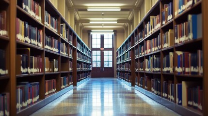 Empty library hallway, bookshelves,  sunlight,  learning environment