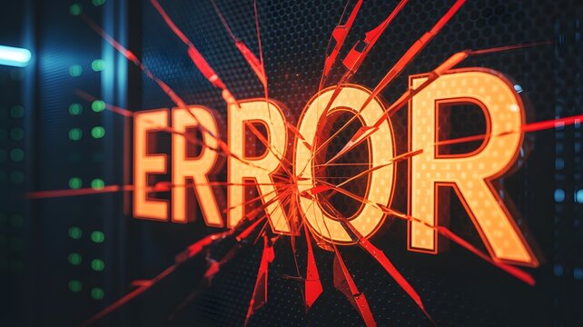 Digital glitch effect with the word error in orange neon letters on a dark background with red light rays and shattered glass effect symbolizing system failure and technical problems
