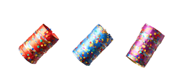 Three cylindrical objects, each with a festive, confetti-like pattern, in red, blue, and pink