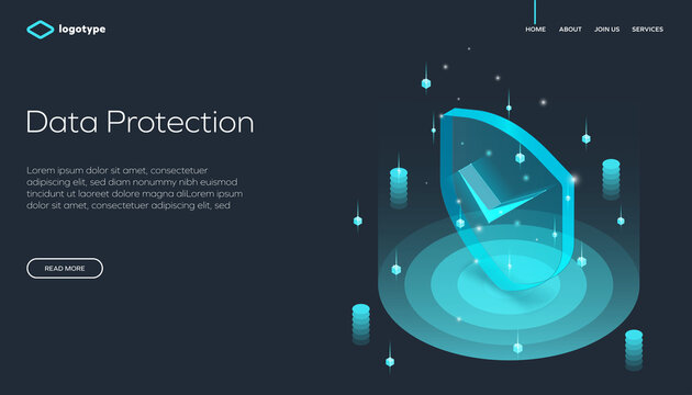 Digital data protection with an abstract glass shield and checkmark, representing cybersecurity and privacy. Network data security isometric illustration.