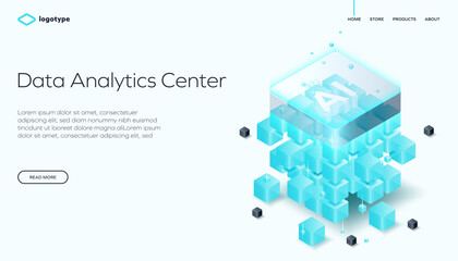 Futuristic isometric illustration of a data analytics center with glowing AI cube, abstract blocks, and digital grid. Ideal for tech, big data, machine learning, and artificial intelligence themes. 