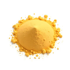 Mound of bright yellow ginger powder on white background, copy space