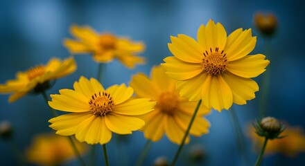 Fototapeta premium Yellow Cosmos Flowers Against a Dreamy Blue Background