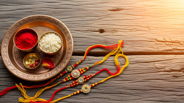 Ornate copper thali with roli chawal bowls and handmade rakhis on rustic wooden table for Raksha Bandhan festival with copy space