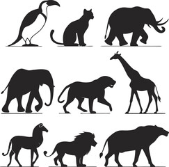 Diverse African wildlife silhouettes walking and standing