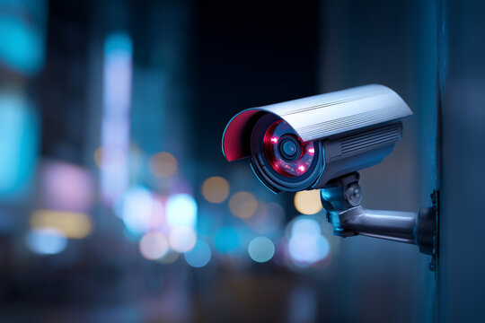 Silver surveillance camera with red infrared lights mounted on a wall at night with blurred city lights background