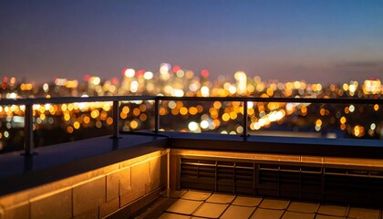 Rooftop Balcony View with Warm Lighting and a Sparkling Bokeh Cityscape