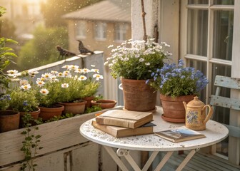 Fototapeta premium Creating a cottagecore tiny balcony garden with floral window boxes featuring daisies and forget-me-nots in a cozy urban setting