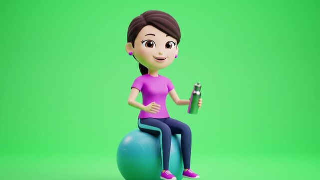 A cartoon girl in pink shirt sitting on exercise ball with green drink can on green background looking relaxed and healthy