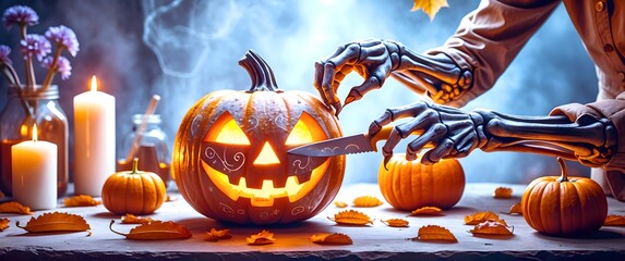 Creative boho Halloween ideas: Spooky pumpkin carving and skeleton decor. Spooky Halloween Scene with Glowing Jack-o'-Lantern and Skeleton Hand