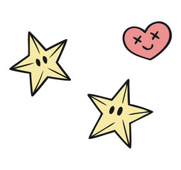 Whimsical hand drawn cartoon stars with faces and a cute pink heart with x eyes on a white background