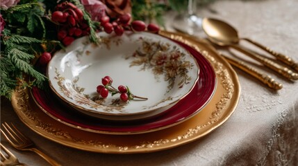 Elegant gold red and white china place setting with floral pattern and berries