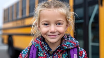A cheerful schoolgirl radiates innocence and anticipation as she poses in front of a yellow school bus, embarking on a journey of learning and friendship.