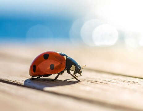 Ladybug basking in the sun on a wooden surface with a blurred blue background
