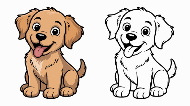 Adorable Golden Retriever Puppy Cartoon Illustration Color and Outline Versions.
