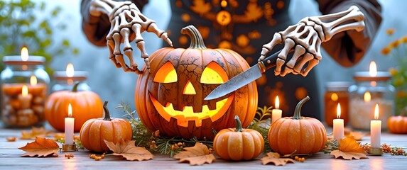 Creative boho Halloween ideas: Spooky pumpkin carving and skeleton decor. Eerie Halloween Pumpkin with Glowing Candles and Fog Atmosphere